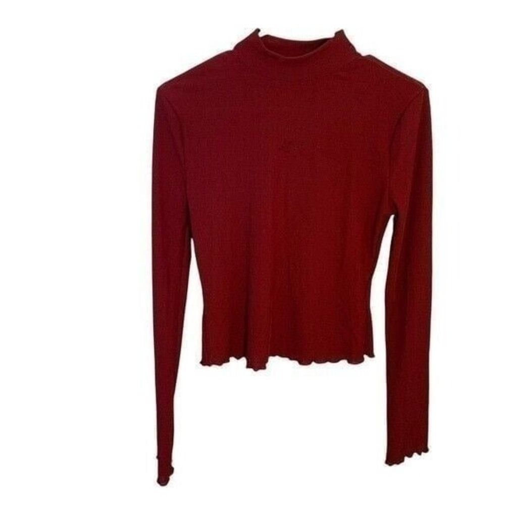 Shein Women'sā Size Medium Mock Neck Long Sleeve Tee Burgundy Ribbed Lettuce Hem